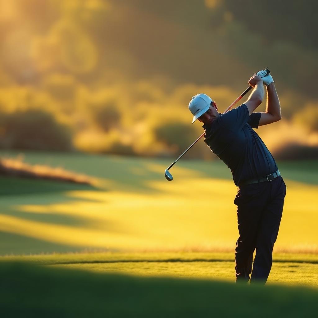 A golfer mid-swing at golden hour