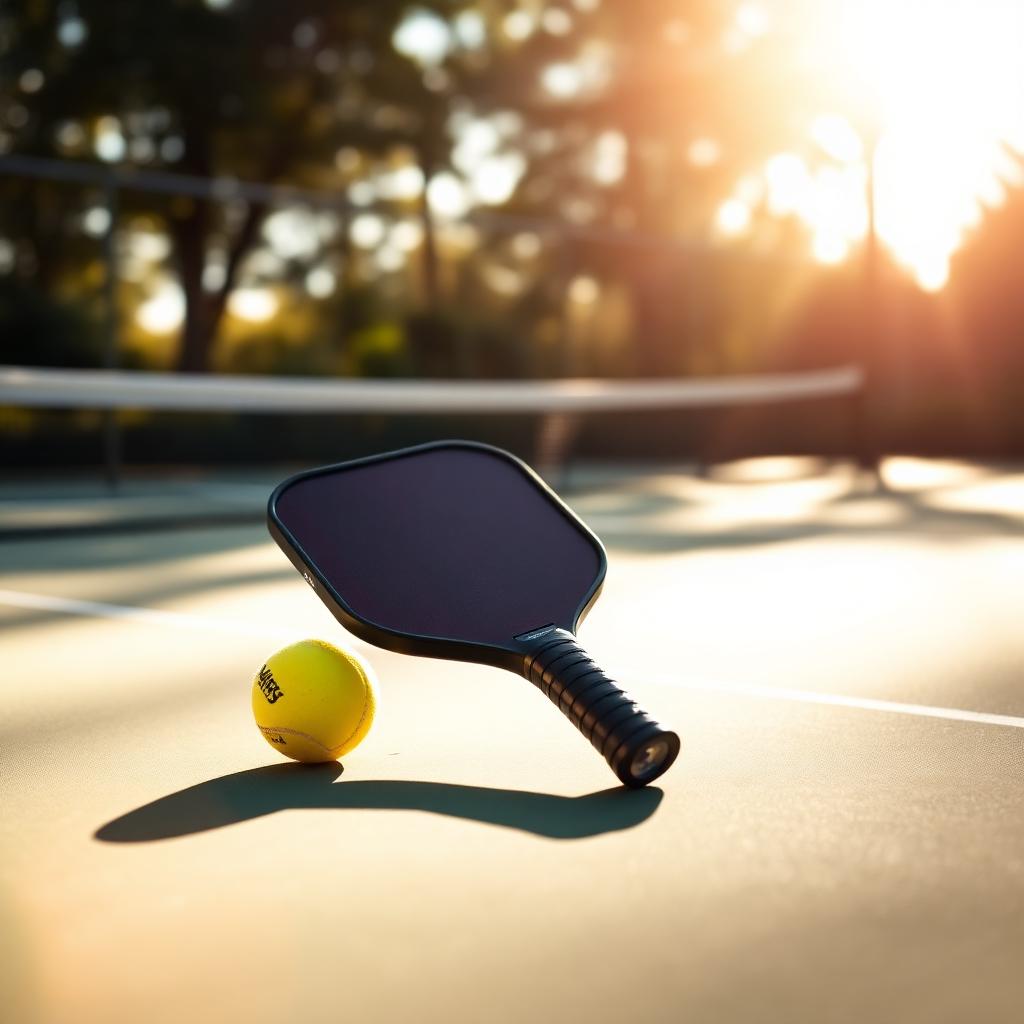 Pickleball paddle and ball on a sunlit court